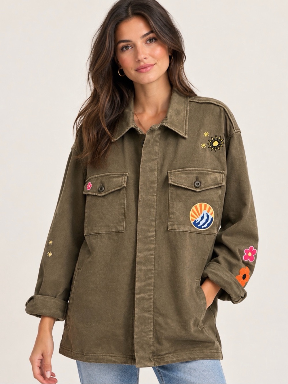 Electric Rose Deckly Jacket in Canteen Embroidery Vintage Utility Jacket XL